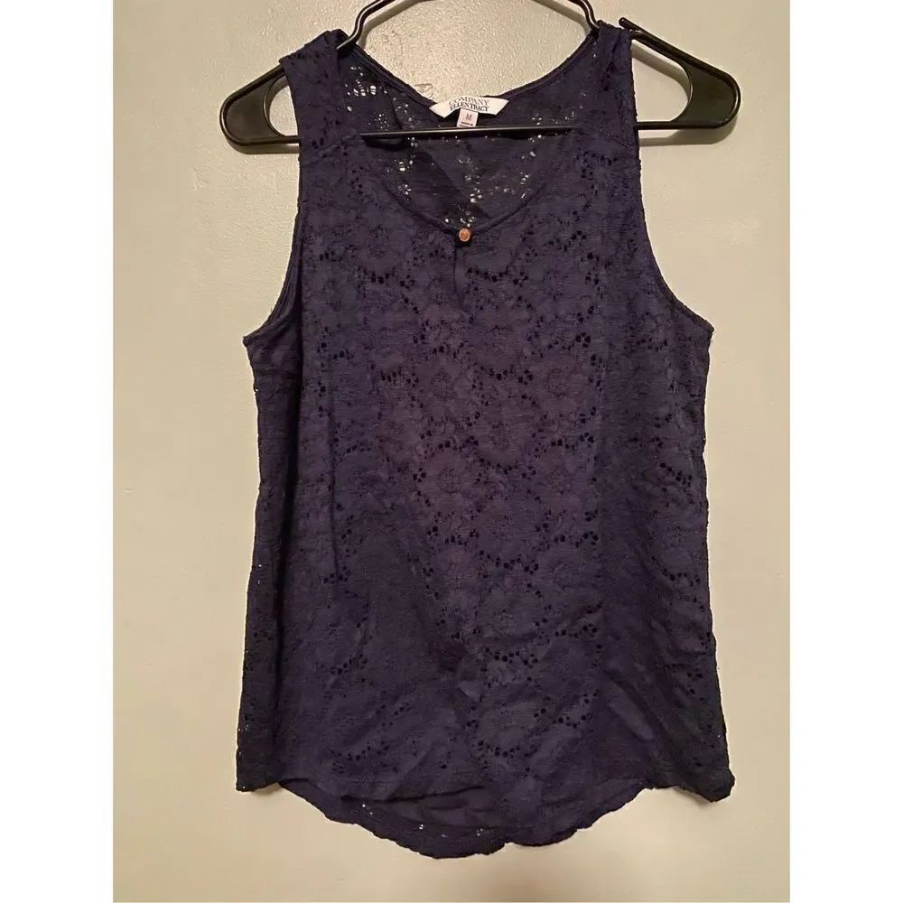 Ellen Tracy Co Women’s Tank Top Blouse Navy Lace Sleeveless Gold Button M